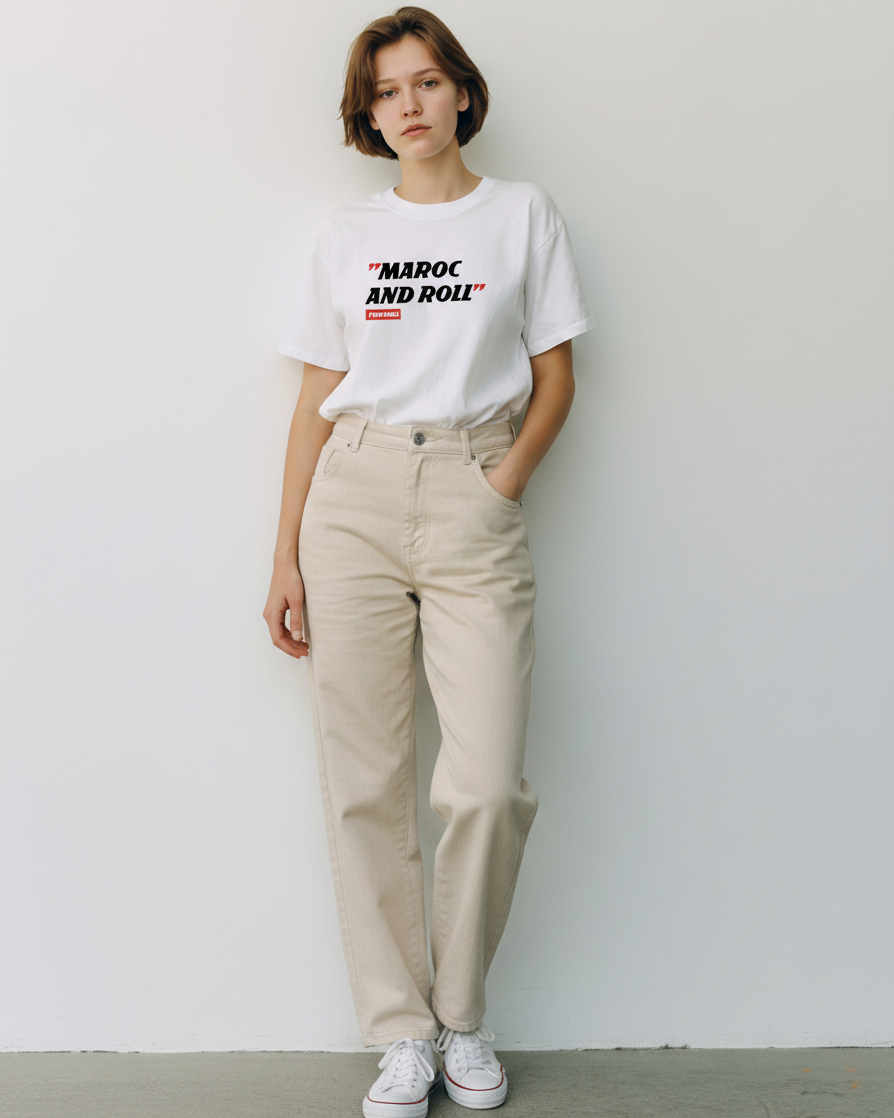 Femme portant un t-shirt blanc en coton Foot Dimanche avec l'inscription Maroc and Roll sur la poitrine